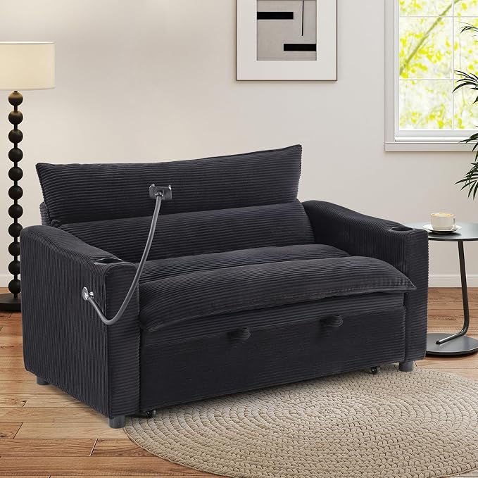 HAOMARKETS 3-in-1 Convertible Loveseat Sleeper Sofa Bed, 2-Seat Pull Out Couch with Cup Holders, Phone Holder and USB Ports, Corduroy 3-Level Adjustable Backrest Couches for Living Room, Black