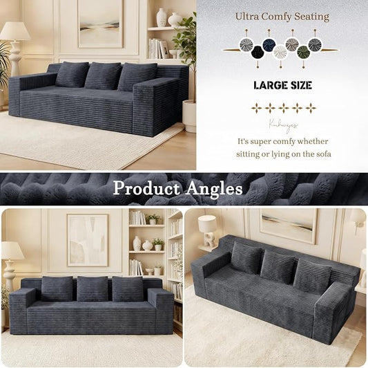 71" Corduroy Living Room Sofa, 3 Setaser Deep Seat Couch with 3 Lumbar Pillows, Comfy Boneless Sofa Modern Compressed Couch for Bedroom, Office, Apartment, No Assembly, Flat Armrests (Dark Grey)