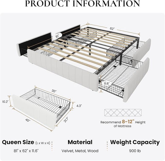SHA CERLIN Queen Size Velvet Upholstered Platform Bed Frame with 4 Storage Drawers, Vertical Channel Tufted, Low Profile, Fits Standard Headboards, Wooden Slats Support, Easy Assembly, White