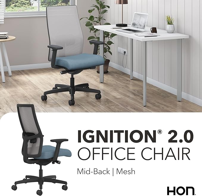 HON Ignition 2.0 Ergonomic Office Chair, Adjustable Tilt, Swivel Wheels, Comfy for Long Hours, Home Office Desk Chairs, Blue