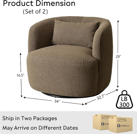 KINWELL 34" Wide Sherpa Swivel Barrel Chairs Set of 2, No Assembly Round Boucle Upholstered Accent Chairs Armchairs Single Sofa Chair with Toss Pillow for Living Room and Bedroom, Teddy Brown