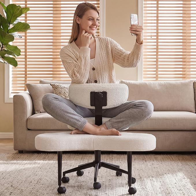 DUMOS Ergonomic ADHD Cross Legged Office Desk Chair with Adjustable Backrest, Height Adjustable Meditation Chair with 360° Swivel Footstool, Teddy Fleece Yoga Stool for Home Office, White