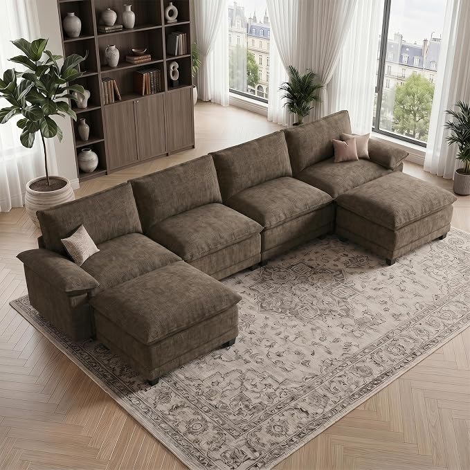Modern U Shaped Sofa Couches for Living Room, Modular Sectional Cloud Couch with Movable Ottoman, Comfy Chenille Sofa for Apartment and Small Space, Taupe