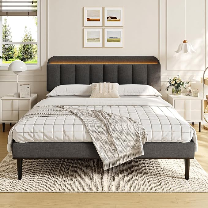 Adjustable Headboard for King/California King Size Bed Frame, Linen Fabric Bed Headboard with Storage & RGB LED Light in Modern Vertical Channel Design, Dark Grey