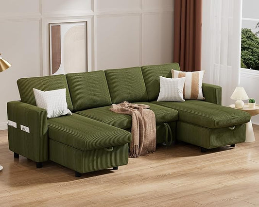 Vipbear 104" Sectional Sleeper Sofa Bed with Pull Out Bed, U Shaped Couch Pull Out Couch with Reclining Backrest, Reversible Storage Chaise, USB Ports, Tool-Free Assembly, Corduroy Green