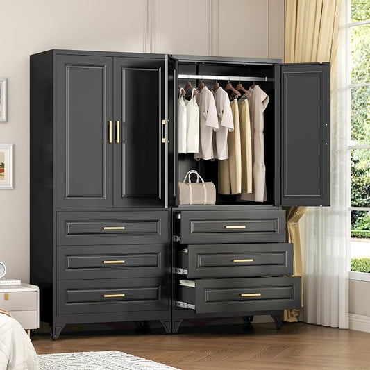 Metal Armoire Wardrobe Closet, 3 Drawers Clothes Storage Cabinet | Metal Wardrobe Cabinet with Doors, Hanging Rod, 71"Tall Black Armoires, Closet for Bedroom, Bathroom, Gym