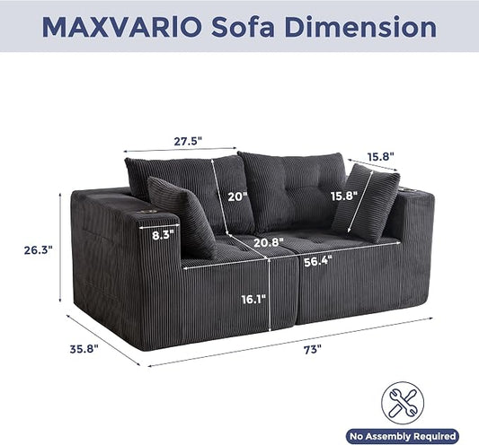MAXYOYO Modular Sectional Sofa Couch, Loveseat Boneless Cloud Couch for Living Room, Sofa in A Box, Tufted Upholstered Cozy Chair with Cup Holders, No Assembly Required, Grey
