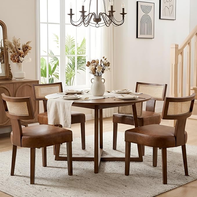 HNY Mid Century Modern Rattan Dining Chairs Set of 6, Farmhouse PU Leather Upholstered Accent Chair Curved Backrest Kitchen Chairs, with Hardwood Frame, Brown