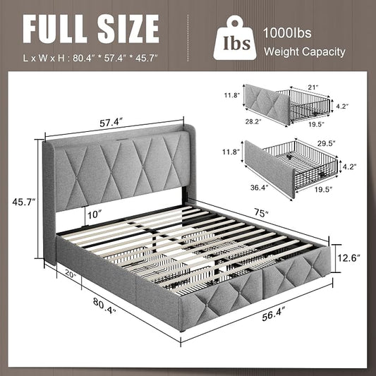 Einhomn Full Size Bed Frame with 4 Storage Drawers and Charging Station, Upholstered Platform Bed Frame with Storage Headboard, No Box Spring Needed, Easy Assembly, Light Grey