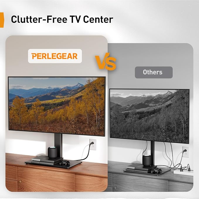 Perlegear Universal TV Stand with Power Outlet, Swivel TV Stand for 32-80 inch TVs up to 99 lbs, TV Base with Tempered Glass Base, Height Adjustable TV Mount Stand Max VESA 600x400mm PGTVS31