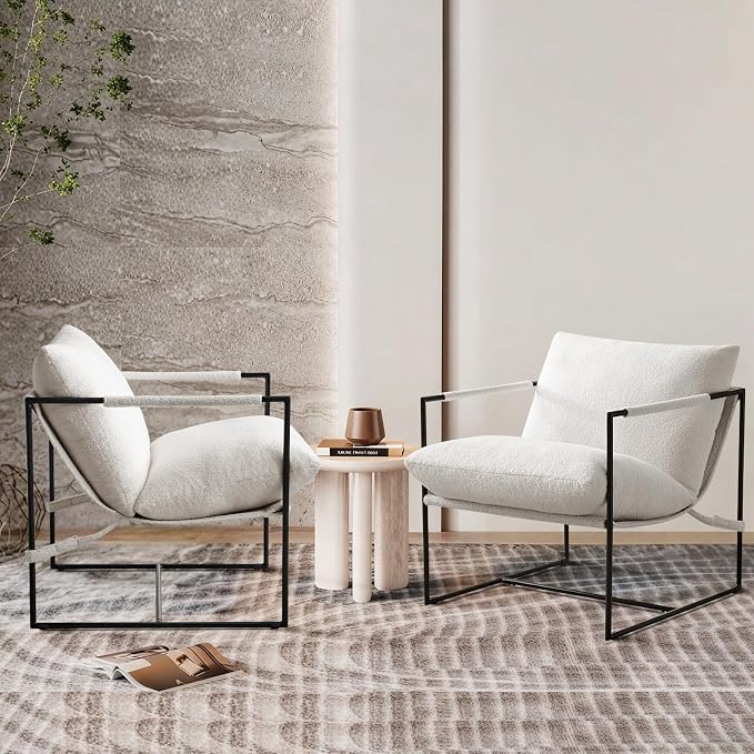 Furnilivng Large Sling Accent Chairs Set of 2, Comfortable Boucle Fabric Arm Chair, Upholstered Cozy Reading Chair for Living Room, Bedroom, Dressing Room, Home Office, White