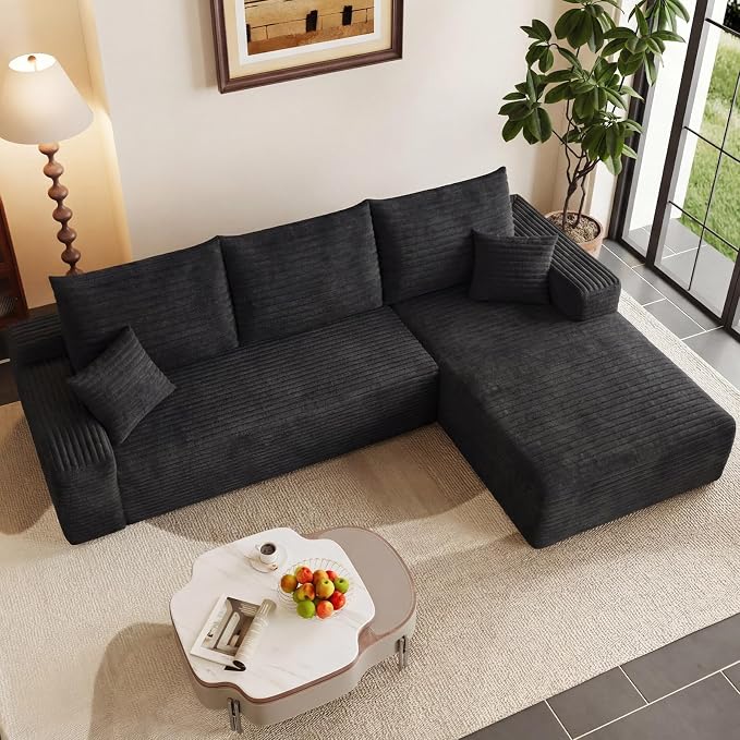 95" Modular Sectional Couch, Boneless L Shaped Cloud Sofa with Chaise Lounge, Corduroy Upholstered Couches Memory Foam Deep Seat, No Assembly Required, Ideal for Living Room(Black, Right Facing)
