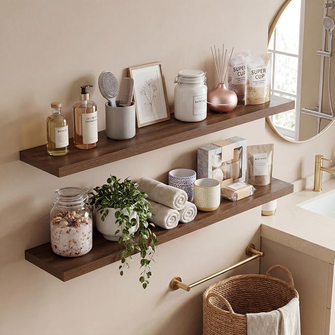 Vivelove 36 Inches Floating Shelves Wall Mounted, 10" Deep Wall Shelves for Bedroom, Bathroom, Living Room, Kitchen, Office, Home Decor, Modern Shelf, Set of 2, Walnut, 36x10.2x1.5
