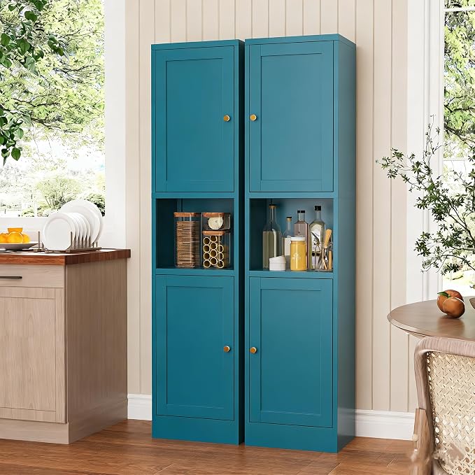Blue Narrow Storage Cabinet Tall Metal Storage Cbinets with 4 Adjustable Shelves Freestanding 5 Tier Slim Pantry Cabinet for Kitchen Office Small Space