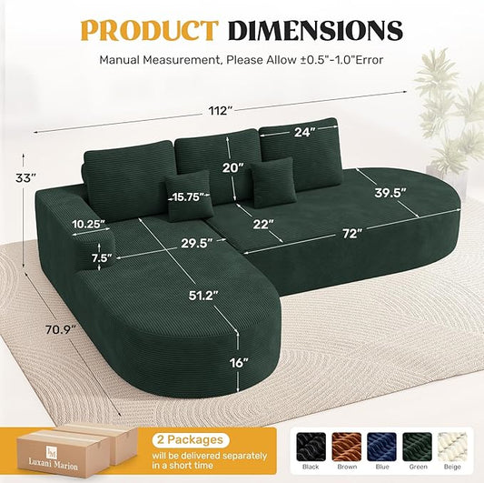 112" Modern Curved Cloud Couch, Boneless Couches for Living Room with Deep Seat, Memory Foam Compressed Modular Sectional Sofa, No Assembly Required,Green 1 PCS