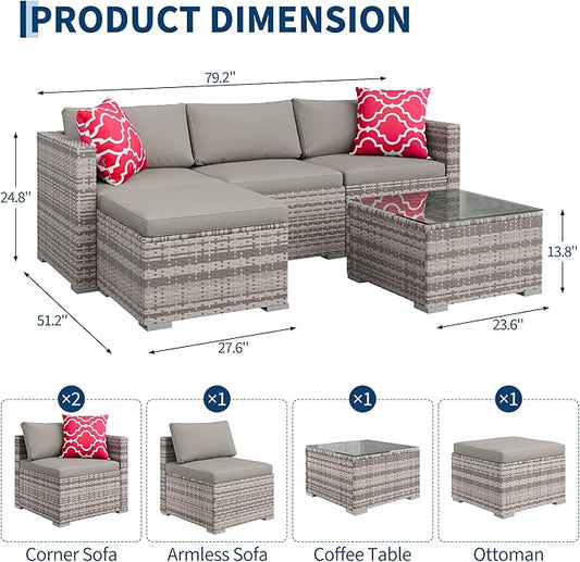 5-Piece Outdoor Sectional Sofa Set, All-Weather PE Rattan Patio Furniture with Ottoman & Tempered Glass Table, Convertible Garden Couch for Backyard, Porch, Poolside (Gray)