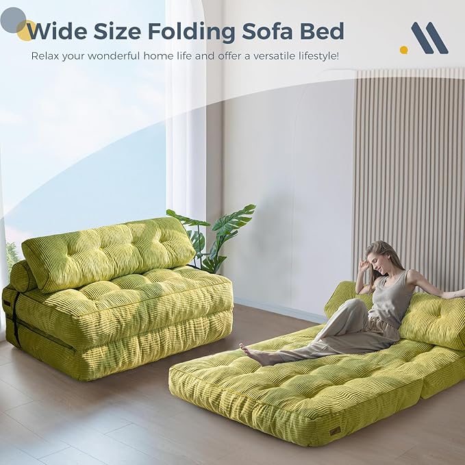 MAXYOYO Folding Sofa Bed, Convertible Chair with Pilow Foldable Couch with Back Support, Portable Fold Out Chair Bed for Living Room Bedroom, Green Double