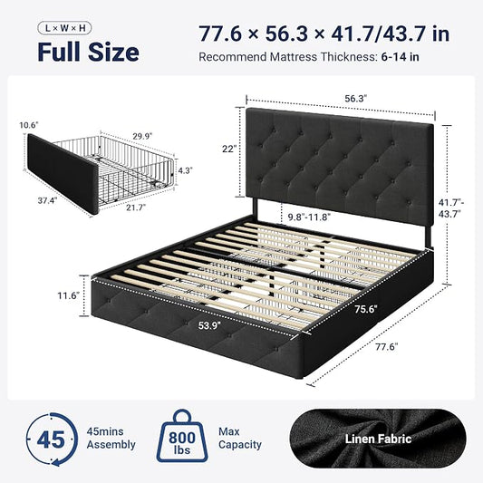 Allewie Upholstered Full Size Platform Bed Frame with 4 Storage Drawers and Headboard, Diamond Stitched Button Tufted, Mattress Foundation with Wooden Slats Support, No Box Spring Needed, Dark Grey