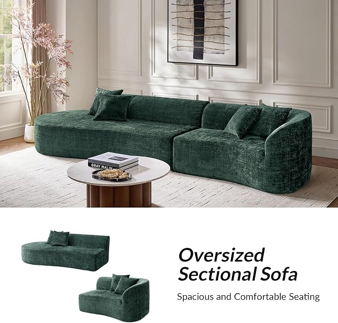 141.75" Modern Curved Compressed Sofa, All-Foam Cloud Couches with 4 Pillows, No Assembly Required Boneless Sectional Sofas, Large Floor Couch for Living Room, Olive
