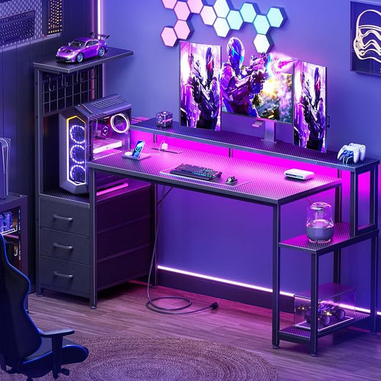 Korfile 55 Inch Gaming Desk with Bluetooth LED Lights & Power Outlets,Computer Desk with Fabric Drawers & Hooks,Reversible Gamer Table with Monitor Stand for Game Room,Home Office,Carbon Fiber Black