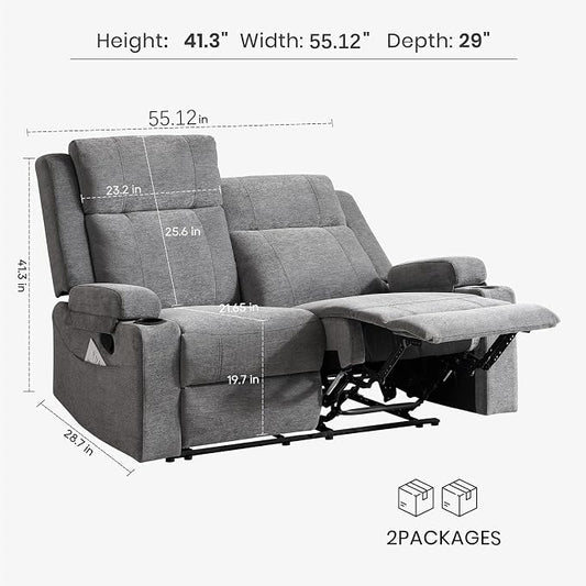 55" RV Loveseat Recliner – Space-Saving Double Reclining RV Sofa, Compact Theater Seating with Cup Holders & Storage Pocket, Grey Chenille Couch for Camper, Motorhome & Home Theater