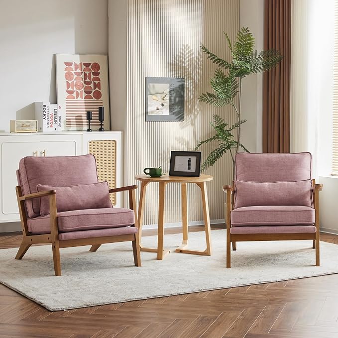 Karl home Mid-Century Lounge Accent Chair, Pink | Wide Curved Armrest, Linen Fabric, Lumbar Pillow Included, Solid Wood Frame, For Living Room, Bedroom, Balcony, Apartment