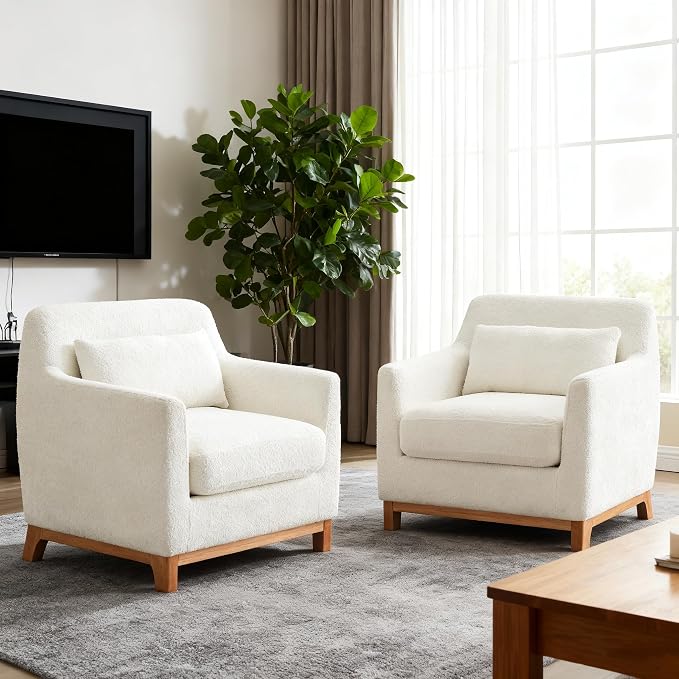 VANOMi 31"W Living Room Accent Chairs Boucle Chair for Bedroom, Cream White | Oversized Armchair with Thick Cushion Reading Chairs for Living Room, Apartment