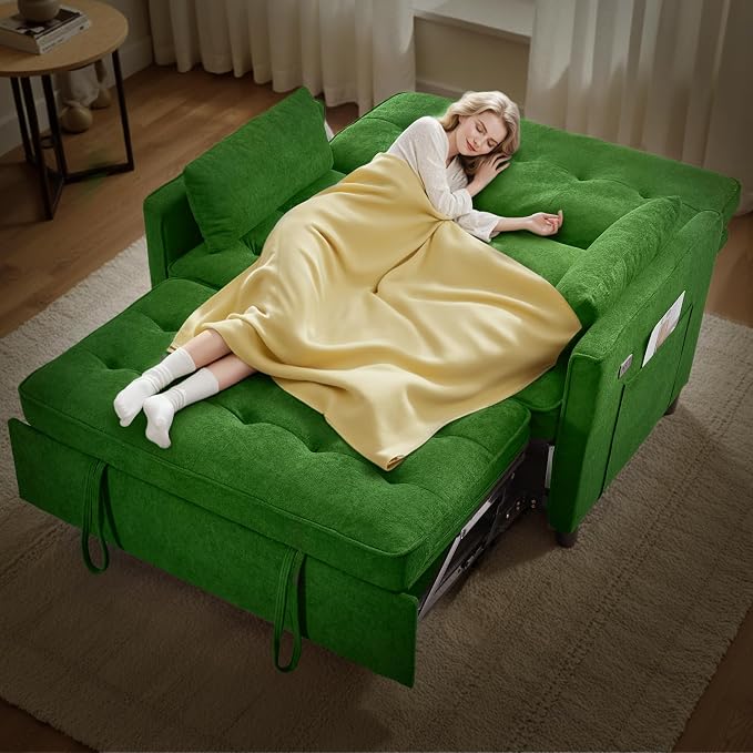 Convertible Sofa Bed, 3 in 1 Pull Out Couch, Loveseat Sleeper with Side Pocket, Sleeper Sofa with Adjustable Backrest | USB Charging Port | Two Pillows | Fabric | Light Green