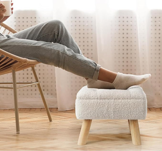 OGEMXU Storage Ottoman, Small Foot Stool Ottoman with Storage, Boucle Teddy Velvet Foot Rest with Padded Seat, Sturdy Wood Legs Stool for Living Room, Bedroom, Couch, Enterway (Cream)