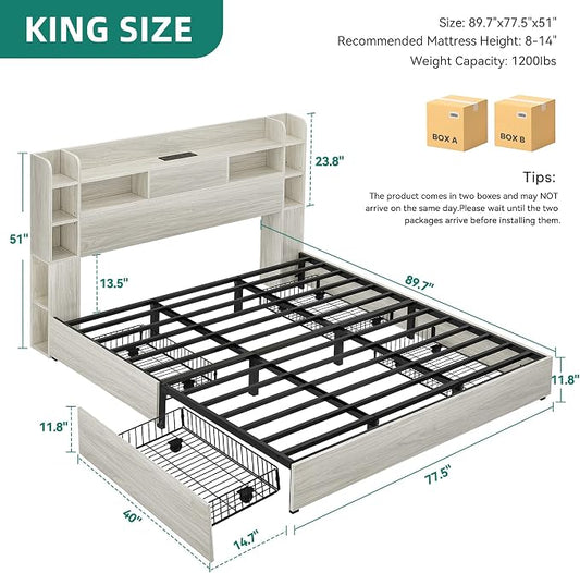 YITAHOME King Size Bed Frame with 51" Tall Bookcase Headboard and 4 Storage Drawers, RGB LED Bed Frame with Type-C&USB Charging Station Storage Bed, No Box Spring Needed, Noise Free, Antique White