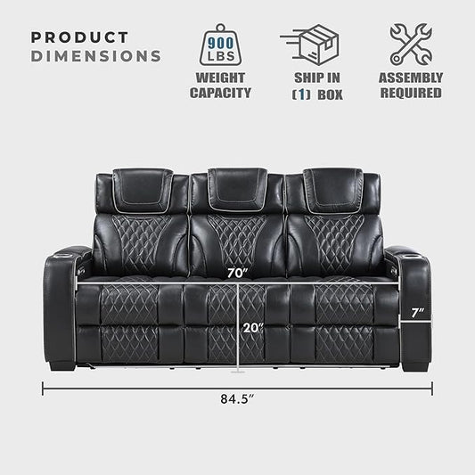 Lexicon Power Double Reclining Sofa, Center Drop-Down Table with Heat/Massage/Headrest/Storage Arms/Cup Holders/LED Lights/Wireless Charging, Top Grain Leather Match Wall Hugger Recliner Sofa, Black