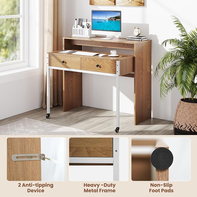 Giantex Small Computer Desk with Hutch & Drawers, Extendable Writing Desk w/Pull Out Secondary Table, Monitor Stand & Rolling Wheels, Console Table, Compact Desk for Small Spaces (Natural)