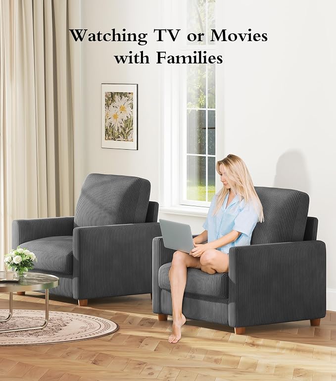 Kidirect 35.5in Oversized Accent Chair, Easy to Assemble Living Room Chairs, Corduroy Reading Chair for Bedroom, 22.5in Deeper Seats Accent Chairs for Living Room, Comfy Armchair Reading Nook, Grey