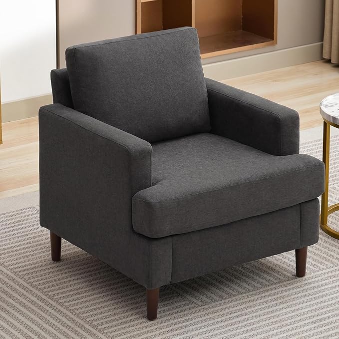Weture Mid-Century Accent Chair,Modern Linen Fabric Armchair for Living Room,Comfy Upholstered Reading Accent Chairs for Bedroom,Single Sofa Chair with Wood Legs (Dark Grey, 1 Pack)
