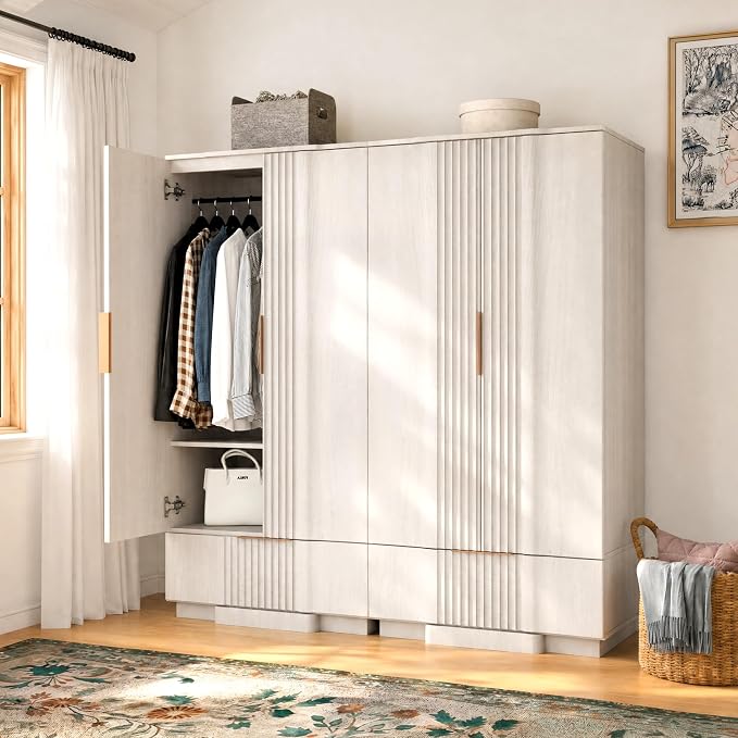 Yechen 67" Fluted Armoire Wardrobe Closet with Doors and Drawer, Wooden Wardrobe Cabinet with Adjustable Shelve, Modern Small Armoires for Hanging Clothes Coats for Bedroom, White Grey