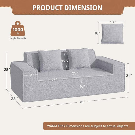 75'' Cloud Loveseat Sofa, No Assembly Required Comfy Deep Seat Couches 1 pcs for Living Room, Bedroom, Apartment(Teddy Fabric-Grey)