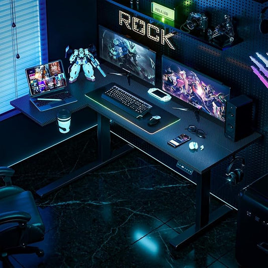 Muvai 71 Inch L Shaped Standing Desk Adjustable Height with Cable Management Tray,Gaming Electric Corner Standing Desk, Sit Stand Computer Table with Reversiable Splice Board, Black Carbon