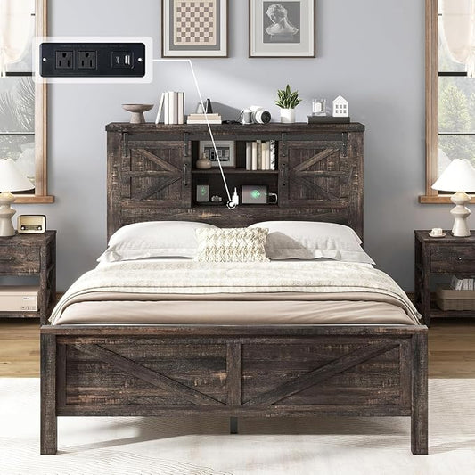 AMERLIFE 3-Piece Farmhouse Bedroom Set, Full Size Bed with Sliding Barn Doors & Bookcase Headboard, 5-Drawer Tall Dresser, 4-Drawer Wide Dresser, Black Oak