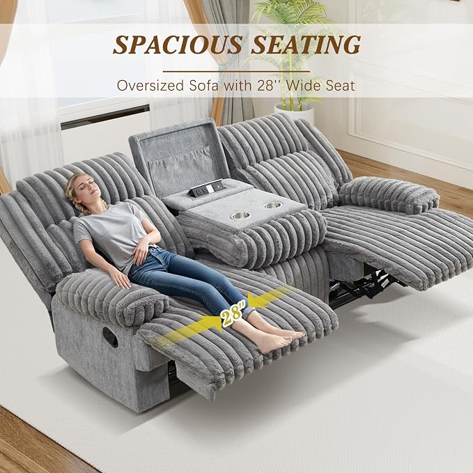Oversized Reclining Sofa with Flip-Up Middle Backrest, Manual 3 Seater Recliner Sofa, Wall Hugger Recliner Couch with Outlets/USB Ports for Living Room, Bedroom(Gray, Sofa)