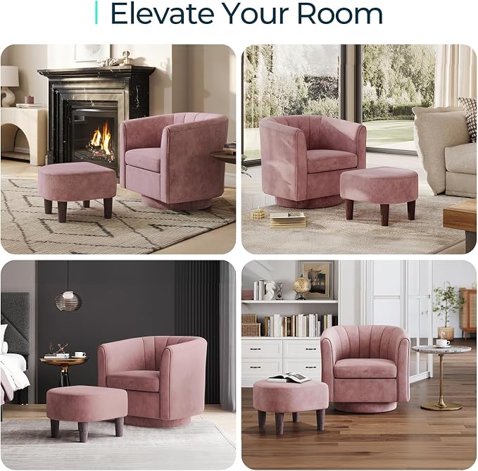 LINSY Swivel Accent Chair Ottoman Set: Velvet Larege Barrel Chair with Foot Rest, Modern Reading Chair Upholstered Armchair with Footrest for Living Room Bedroom Study Room Office (Pink)