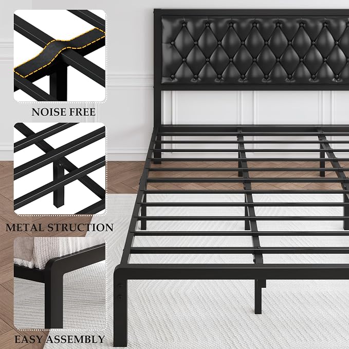 HISOFT King Bed Frame with Upholstered Button Tufted Headboard, Bed Frame Platform Metal Slats Support, Under Bed Storage, No Box Spring Needed, Noise-Free, Easy Assembly, Black