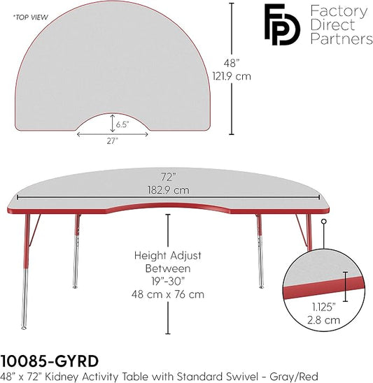 FDP Kidney Activity School and Office Table (48 x 72 inch), Standard Legs with Swivel Glides for Collaborative Seating Environments, Adjustable Height 19-30 inches - Gray Top and Red Edge