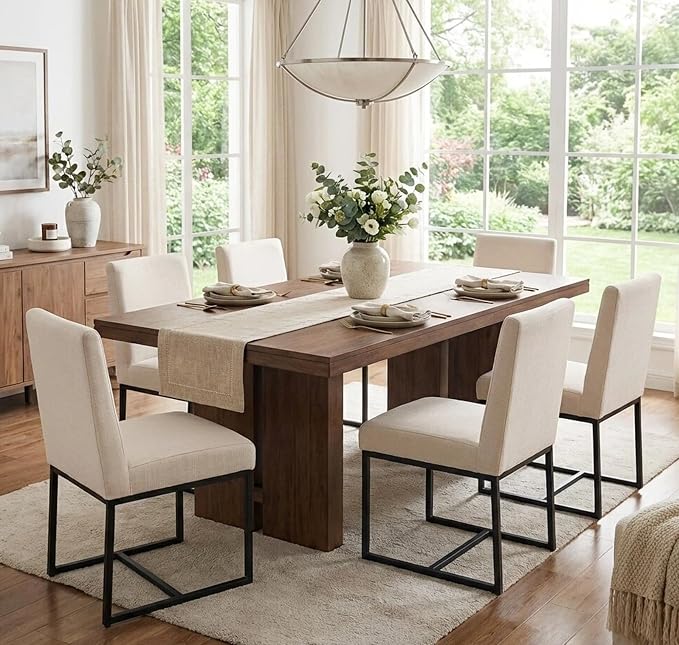 VESCASA Linen Upholstered Dining Chairs Set of 4, Mid Century Modern Padded Chair with Black Metal Frame for Restaurant, Dining Room, Kitchen, Cream