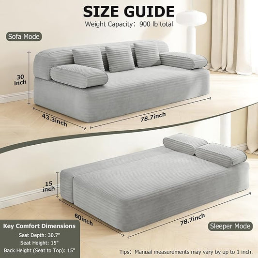 Convertible Sofa Bed, 78.7" Frameless Floor Sofa-in-a-Box, Corduroy Boneless Couch for Small Space Apartments, Queen Sleeper Sofa for Everyday Use, 3 Pillows Included, No Assembly (Light Grey)