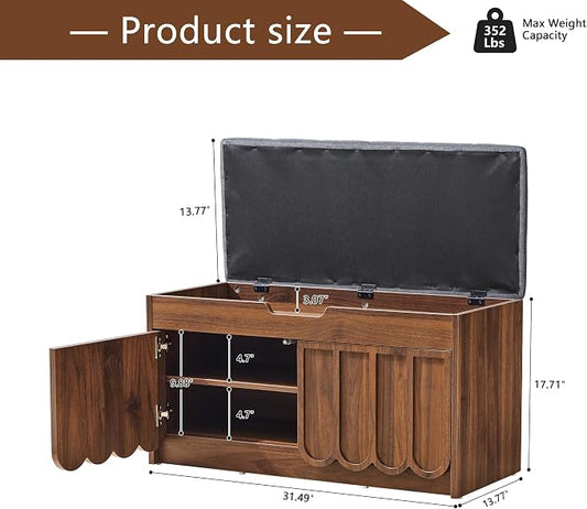 ORRD Shoe Storage Bench with Cushion, Entryway Shoe Cabinet Bench with 2 Scalloped Doors & Adjustable Shelf, 2-Tier Shoe Rack Organizer Cabine for Entryway, Hallway, Living Room (Walnut)