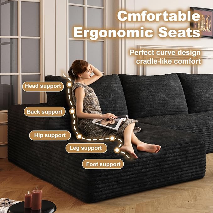 AUGOP 136" Sectional Couches for Living Room Modern Modular Sofa with L-Shape Couchs Upholstered Boneless Couch Deep Seat Sectional Couch with Chaise (Black, Left Facing Chaise+3Seaters)