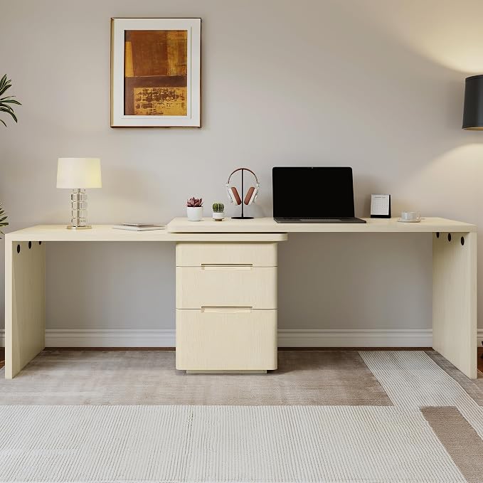 90” Modern L-Shaped Desk with 3 Drawers, 360° Wood Rotating Desk, Workstation for Home Office, Living Room, Natural Wood