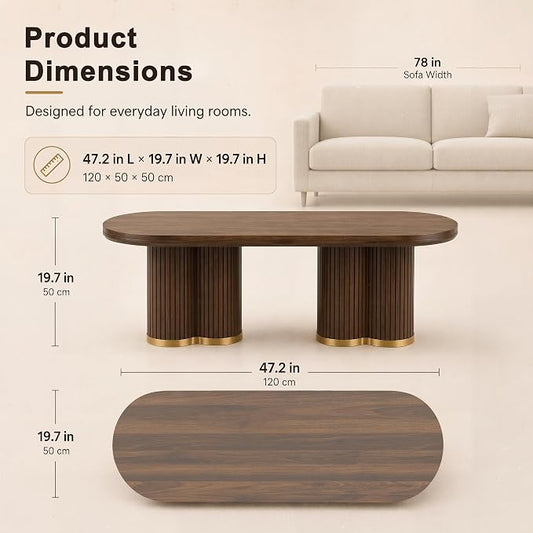 YOSHOOT Oval Fluted Coffee Tables for Living Room, 47" Wood Coffee Table | Modern Coffee Table for Living Room Home Office, Farmhouse Center Table, Walnut