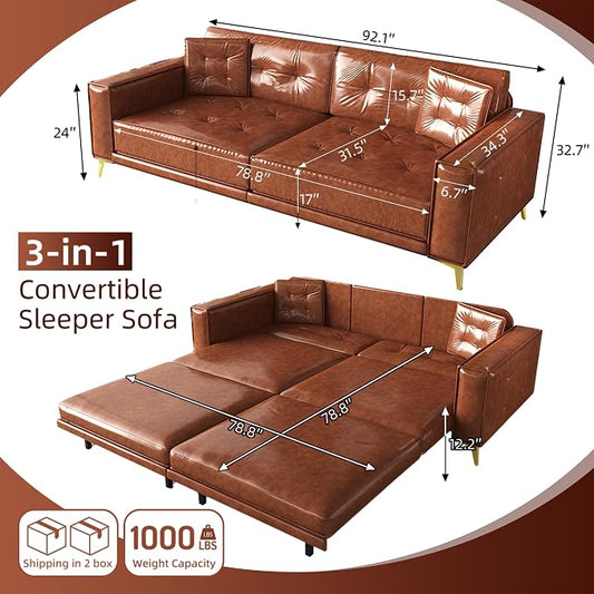 92.1'' King Pull Out Sofa Bed, Convertible Futon Couch, 3-in-1 Faux Leather Sleeper Sofa with Tufted Back, 2 Pillows, Gold Legs, Deep Folding Loveseat for Living Room, Apartment, Light Brown