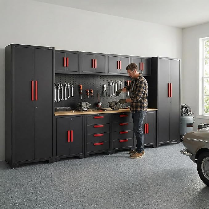 Garage Storage Cabinet System, 12Pcs Garage Cabinets and Storage System Corner Workshop Set with Corner Cabinet, Cabinet Drawers, Workbench, Pegboard for Tool Organization, Black Red